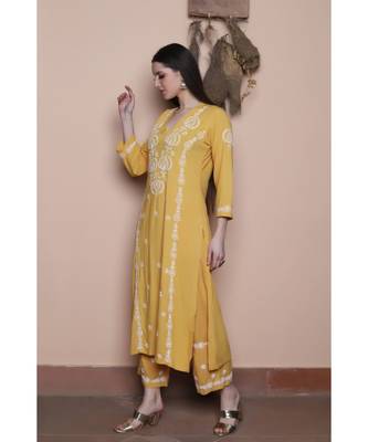 Mustard jaali work cotton rayon chikankari kurta set (set of 2) 2
