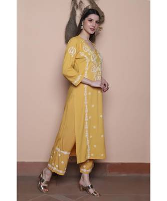 Mustard jaali work cotton rayon chikankari kurta set (set of 2) 3