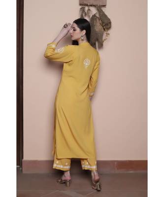 Mustard jaali work cotton rayon chikankari kurta set (set of 2) 5