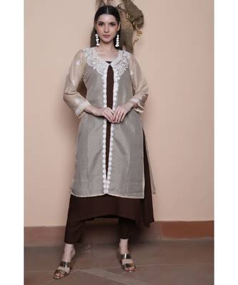 Chocolate brown kurta set paired with chikankari light brown shrug (set of 3) 1