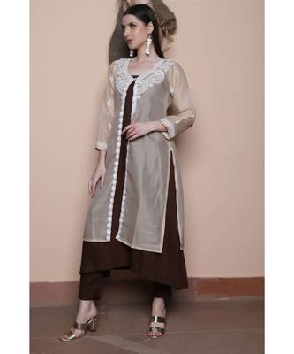 Chocolate brown kurta set paired with chikankari light brown shrug (set of 3) 2