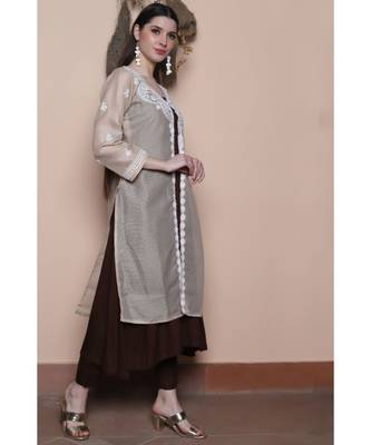 Chocolate brown kurta set paired with chikankari light brown shrug (set of 3) 3