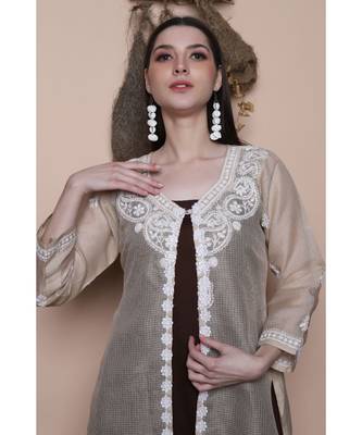 Chocolate brown kurta set paired with chikankari light brown shrug (set of 3) 4