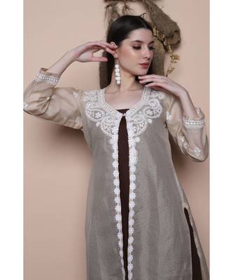 Chocolate brown kurta set paired with chikankari light brown shrug (set of 3) 5