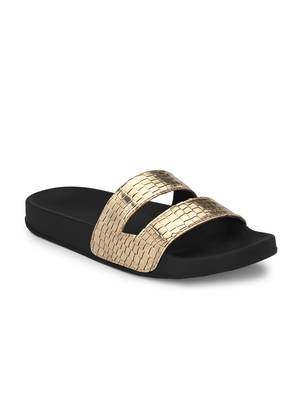 Zorik Golden Synthetic Leather Comfort Foam Casual Slides/Flip Flop For Women's 1