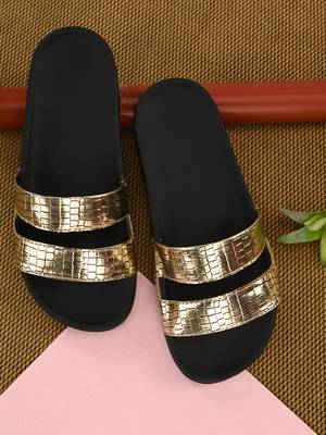Zorik Golden Synthetic Leather Comfort Foam Casual Slides/Flip Flop For Women's 2