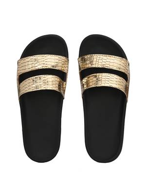 Zorik Golden Synthetic Leather Comfort Foam Casual Slides/Flip Flop For Women's 3