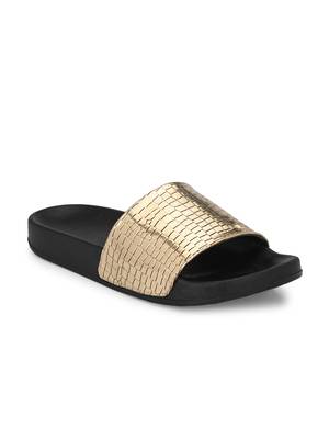 Zorik Golden Synthetic Leather Comfort Foam Casual Slides/Flip Flop For Women's 1
