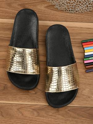 Zorik Golden Synthetic Leather Comfort Foam Casual Slides/Flip Flop For Women's 2
