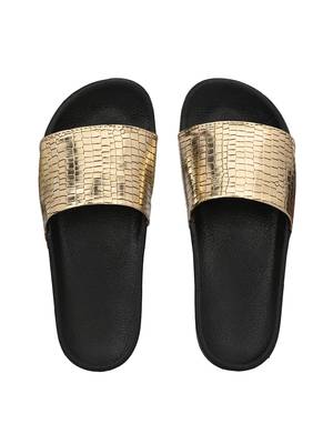 Zorik Golden Synthetic Leather Comfort Foam Casual Slides/Flip Flop For Women's 3