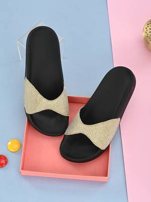 Zorik Golden Synthetic Leather Comfort Foam Casual Slides/Flip Flop For Women's 2