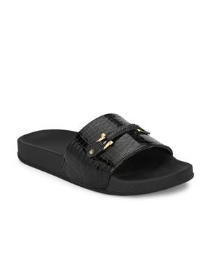 Zorik Black Synthetic Leather Comfort Foam Casual Slides/Flip Flop For Women's 1