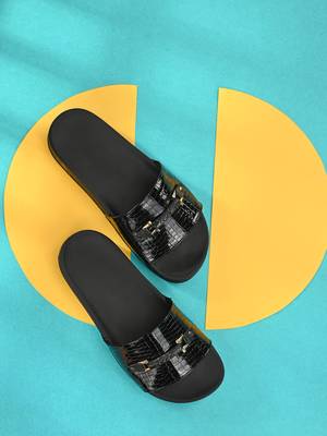Zorik Black Synthetic Leather Comfort Foam Casual Slides/Flip Flop For Women's 2