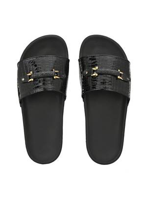 Zorik Black Synthetic Leather Comfort Foam Casual Slides/Flip Flop For Women's 3