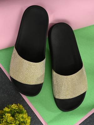 Zorik Golden Synthetic Leather Comfort Foam Casual Slides/Flip Flop For Women's 2
