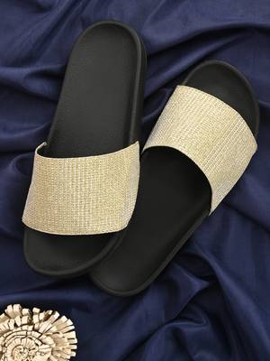 Zorik Golden Synthetic Leather Comfort Foam Casual Slides/Flip Flop For Women's 3