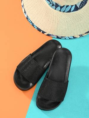 Zorik Black Synthetic Leather Comfort Foam Casual Slides/Flip Flop For Women's 2