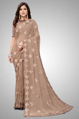 Beige embroidered georgette saree with blouse 1