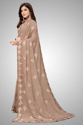 Beige embroidered georgette saree with blouse 3