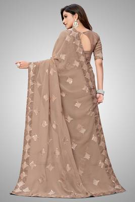 Beige embroidered georgette saree with blouse 5