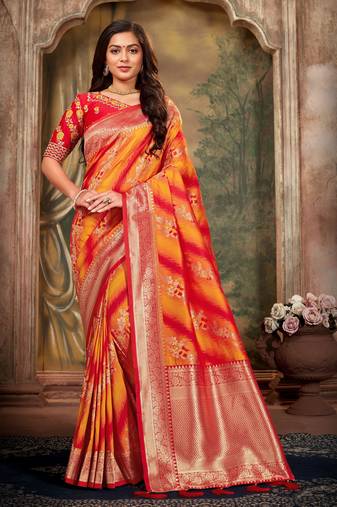 Orange woven banarasi saree with blouse
