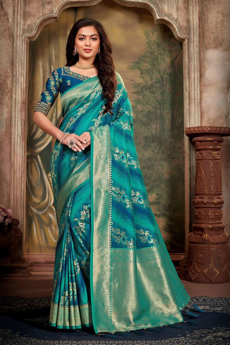 Blue woven banarasi saree with blouse
