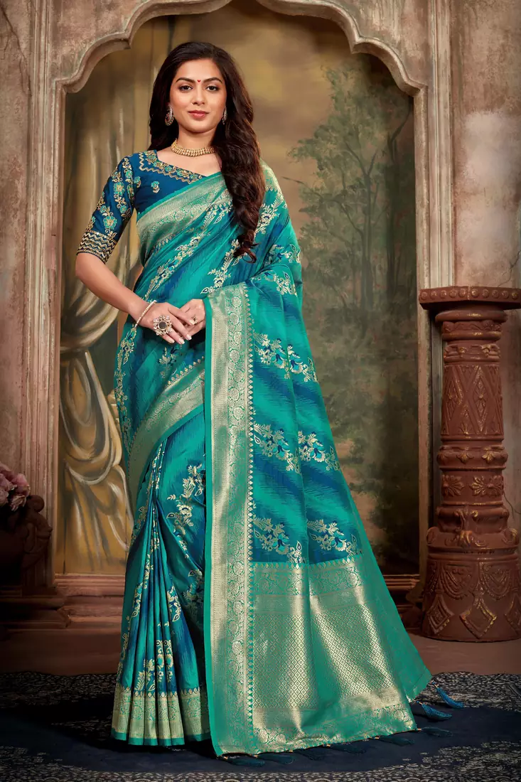 Blue woven banarasi saree with blouse
