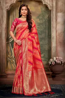 Peach woven banarasi saree with blouse