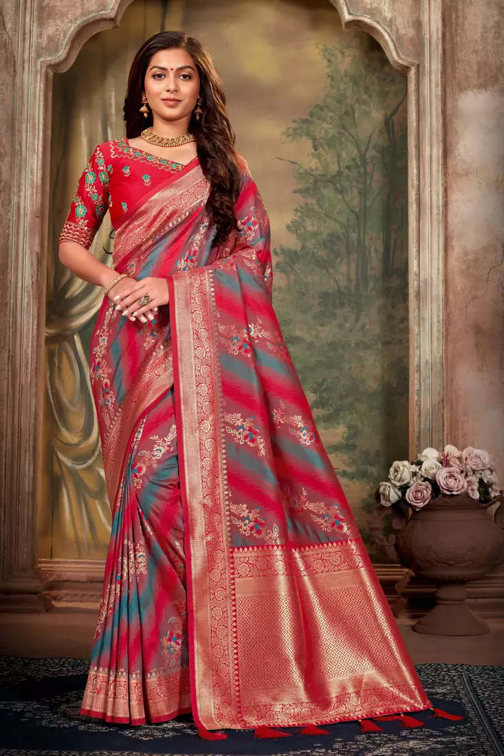 Red woven banarasi saree with blouse