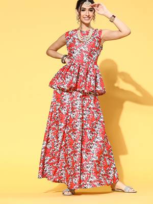 Red printed art silk kurta sets 1
