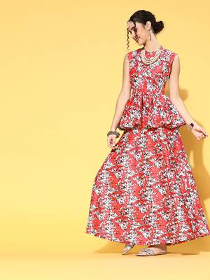 Red printed art silk kurta sets 2