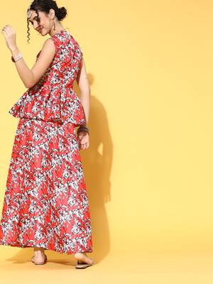 Red printed art silk kurta sets 3