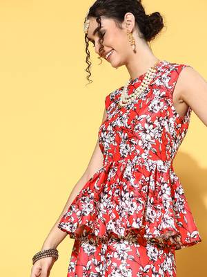 Red printed art silk kurta sets 4