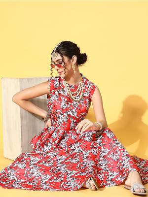 Red printed art silk kurta sets 5