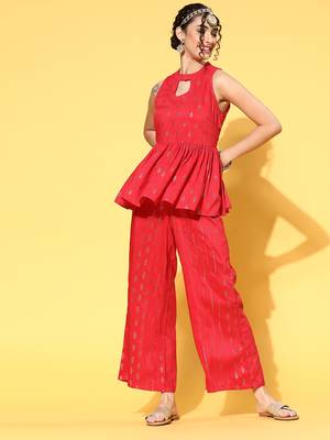 Red printed art silk kurta sets 1