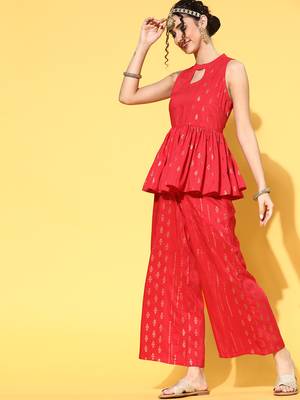 Red printed art silk kurta sets 2