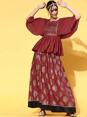 Maroon printed art silk kurta sets 1