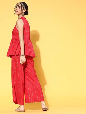 Red printed art silk kurta sets 3