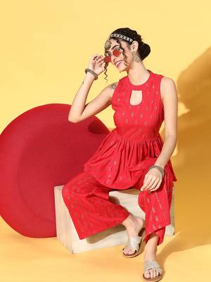 Red printed art silk kurta sets 5