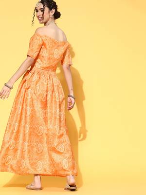 Mustard printed art silk kurta sets 3