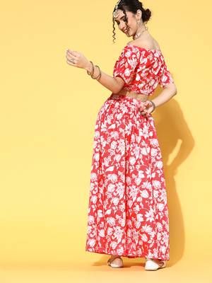 Red printed art silk kurta sets 3