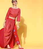 Red printed art silk kurta sets