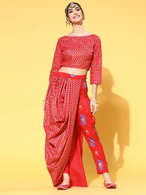 Red printed art silk kurta sets 5