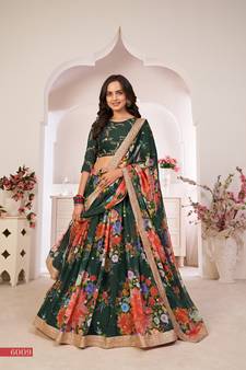Green printed
 georgette semi stitched lehenga