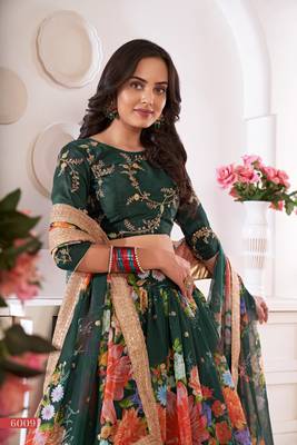 Green printed
 georgette semi stitched lehenga 3