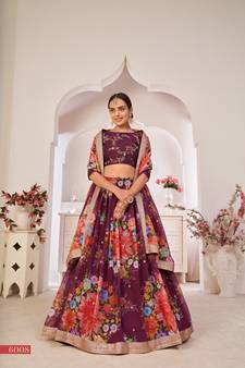 Wine printed georgette semi stitched lehenga