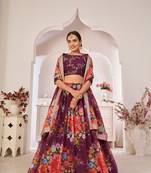 Wine printed georgette semi stitched lehenga