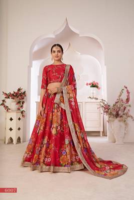 Red printed georgette semi stitched lehenga 1