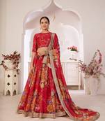 Red printed georgette semi stitched lehenga