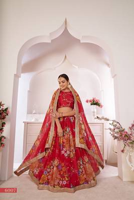 Red printed georgette semi stitched lehenga 2